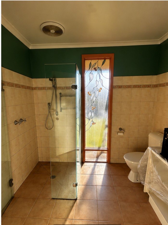 Dated bathroom before renovation, with old tiles and a green painted wall